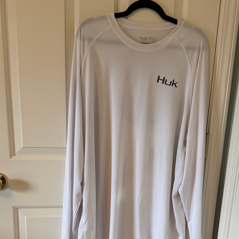 Huk White Long Sleeve Performance Shirt with Black Logo